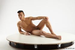 Nude Man Asian Laying poses - ALL Slim Short Laying poses - on side Black Realistic